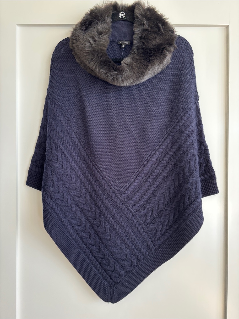 Talbots Navy Cable-Knit cape with Faux Fur Collar sz small